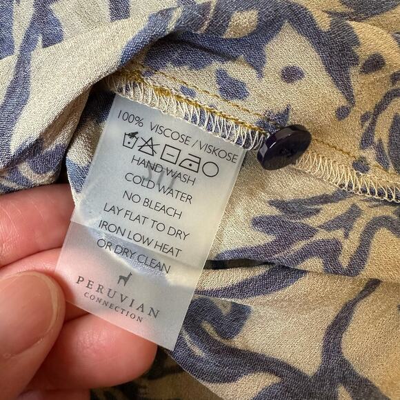 PERUVIAN CONNECTION Mini Dress Brown Blue Floral Puff Sleeve Boho - Picture 11 of 13